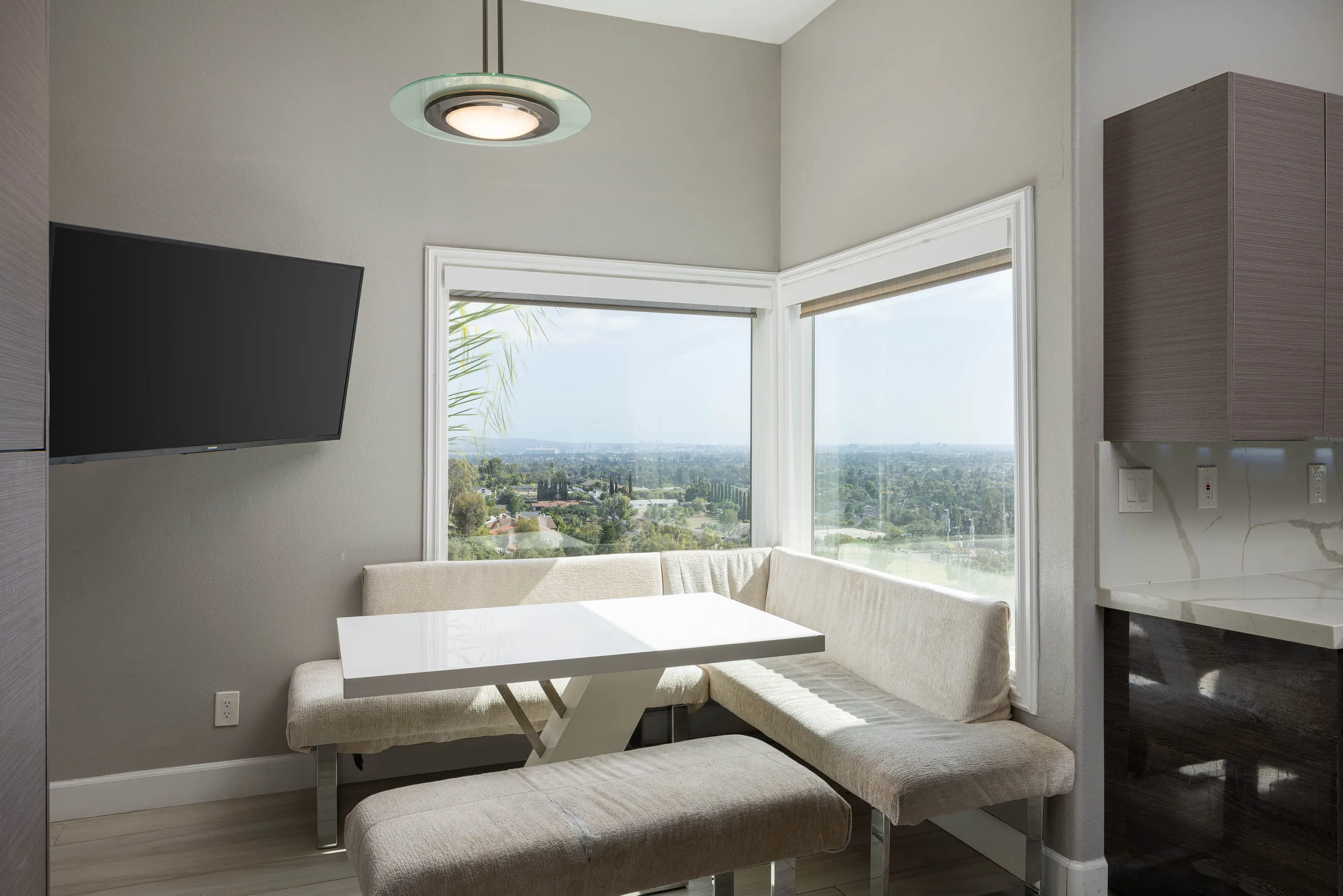Breakfast banquette with the view out the corner windows